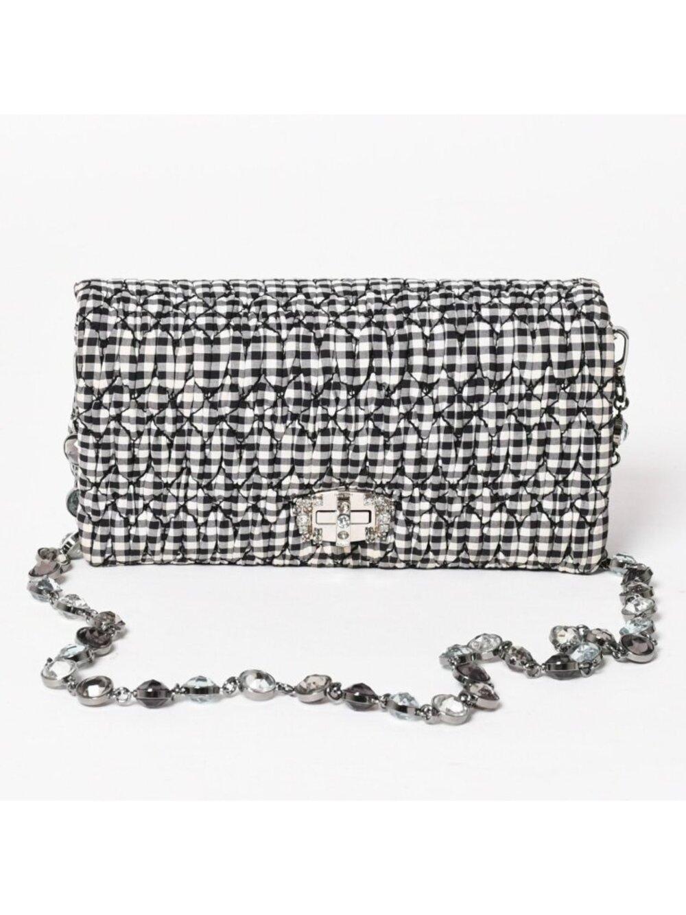 Miu Miu Matelasse Bijou Chain Shoulder Bag Gingham Check Rhinestone - Picture 1 of 16